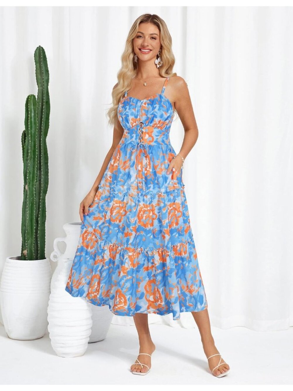 Women's Blue Orange Boho Floral Maxi Sundress Summer Beach Flowy Dress - Picture 3 of 6
